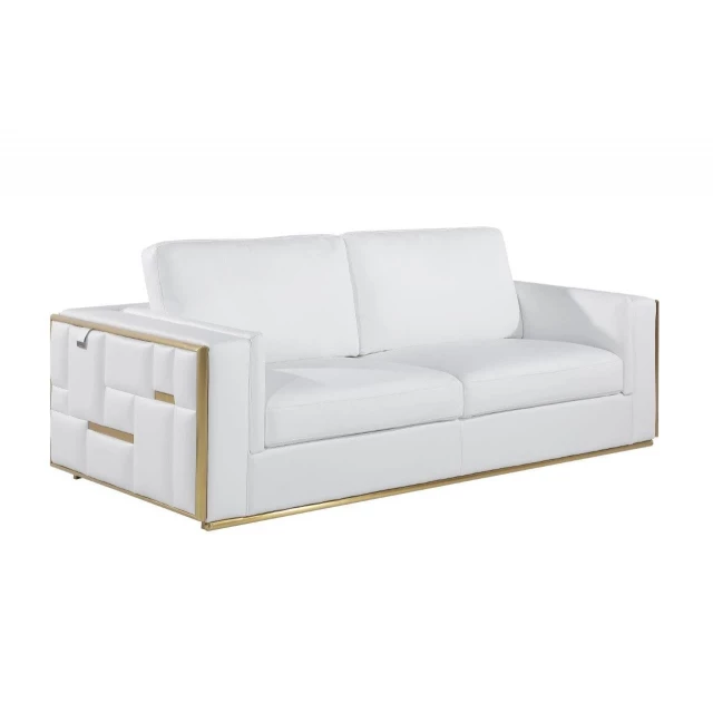 White silver Italian leather sofa with comfortable wood studio couch design