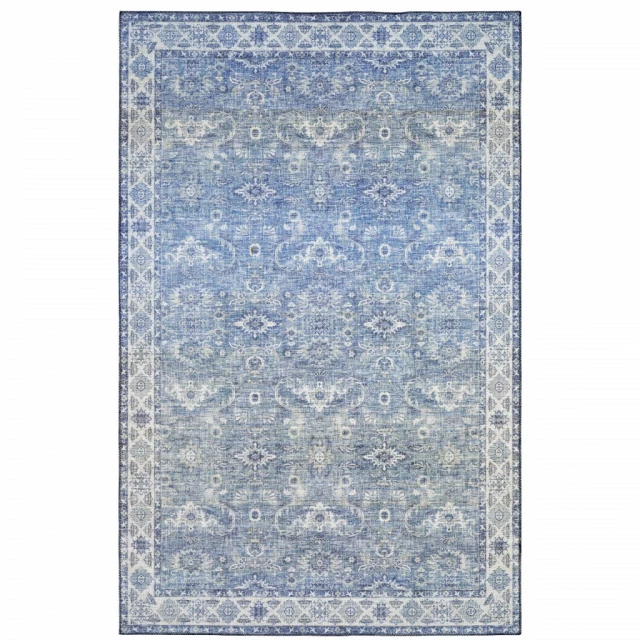 power loom stain resistant area rug with grey and electric blue pattern
