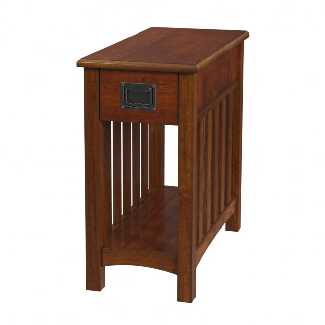 Wood rectangular end table with drawer and shelf on varnished wood stain finish