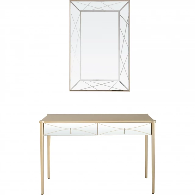 champagne finish mirror console table with wood material and rectangle design