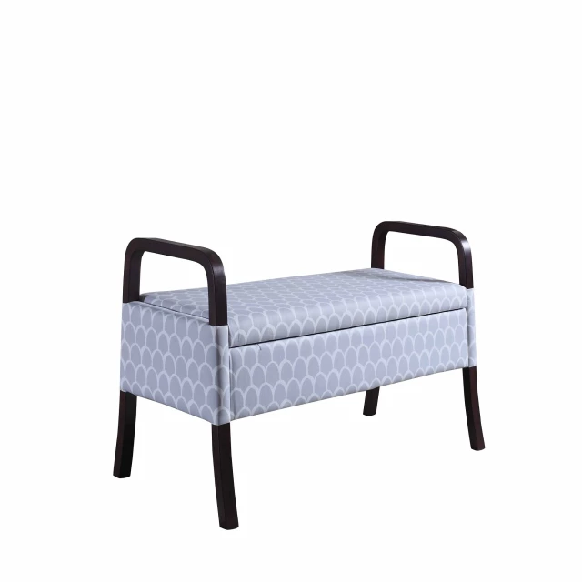 Upholstered polyester trellis entryway bench with flip top and hardwood armrests