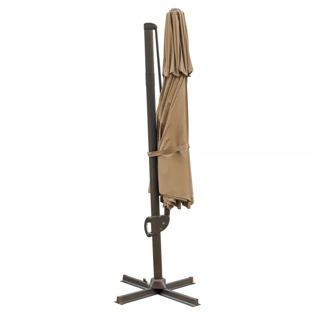 Round tilt cantilever patio umbrella stand with brown wood and metal accents