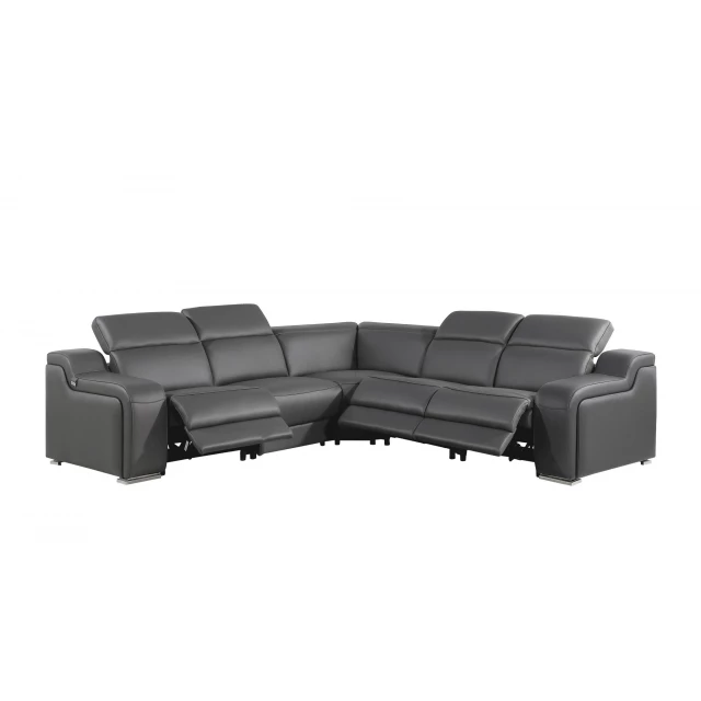 Power reclining curved five corner sectional in a comfortable studio couch design with tints and shades