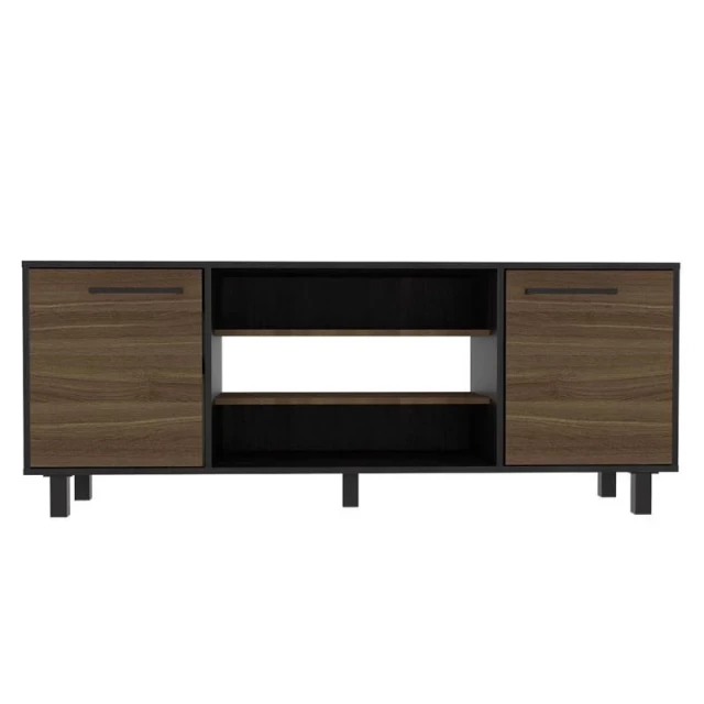 Particle board open shelving TV stand with wood stain finish and rectangular shelves