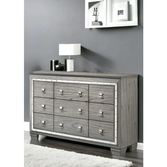 Stylish manufactured wood nine drawer triple dresser for bedroom storage