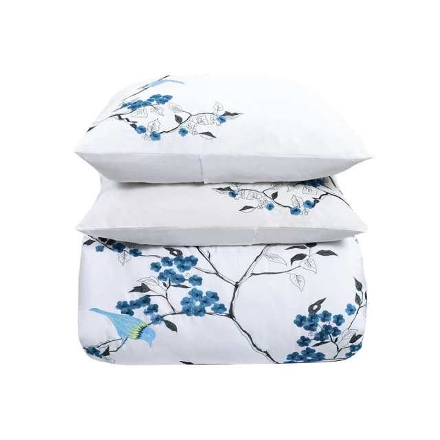 Cotton thread count washable duvet cover with floral pattern and electric blue accents