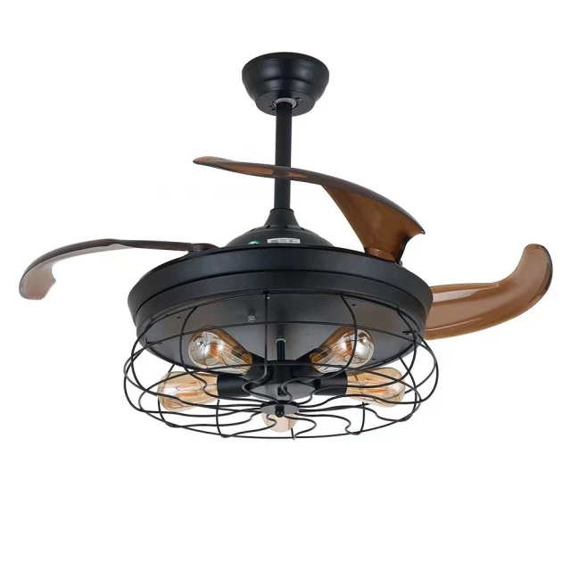 industrial caged ceiling lamp retractable fan for home lighting and cooling