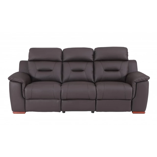 Brown faux leather sofa with comfortable armrests and wood accents