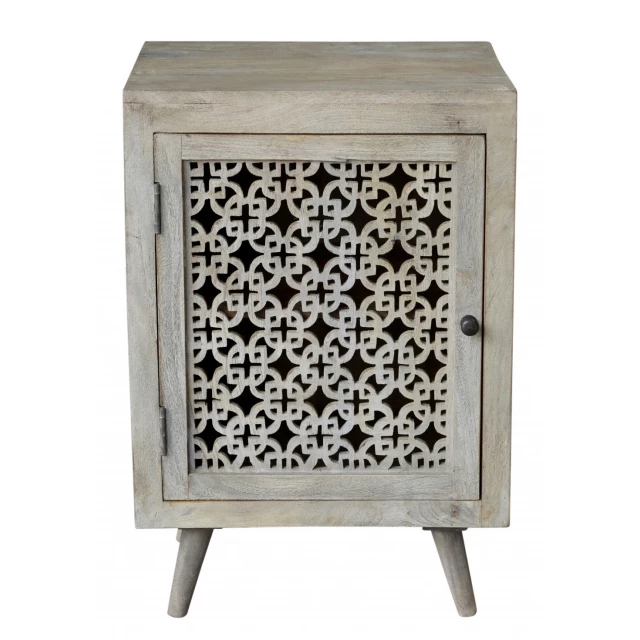 Gray wash nightstand with wood and metal details