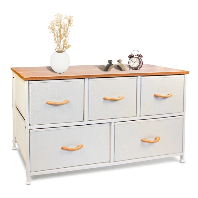 White fabric chest shelves with five drawers in wood cabinetry and furniture design