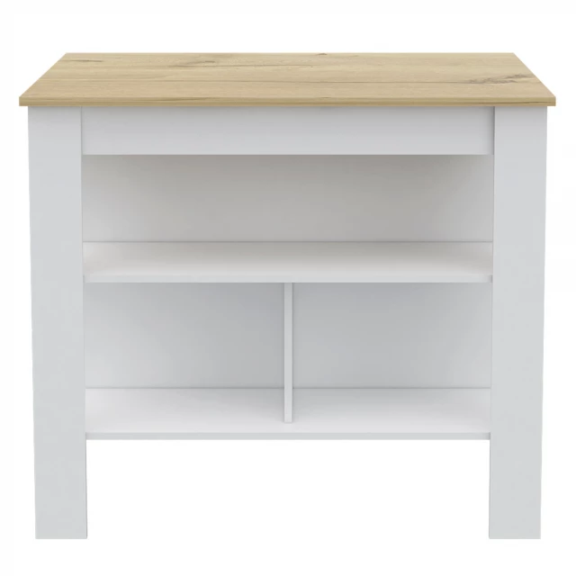 White oak kitchen island with storage featuring table shelving and drawers