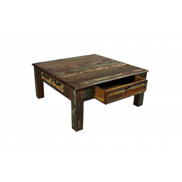 Square distressed wooden coffee table with plank design and wood stain finish