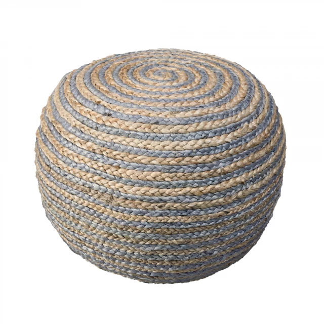 Gray jute ottoman with circular design and wooden texture elements