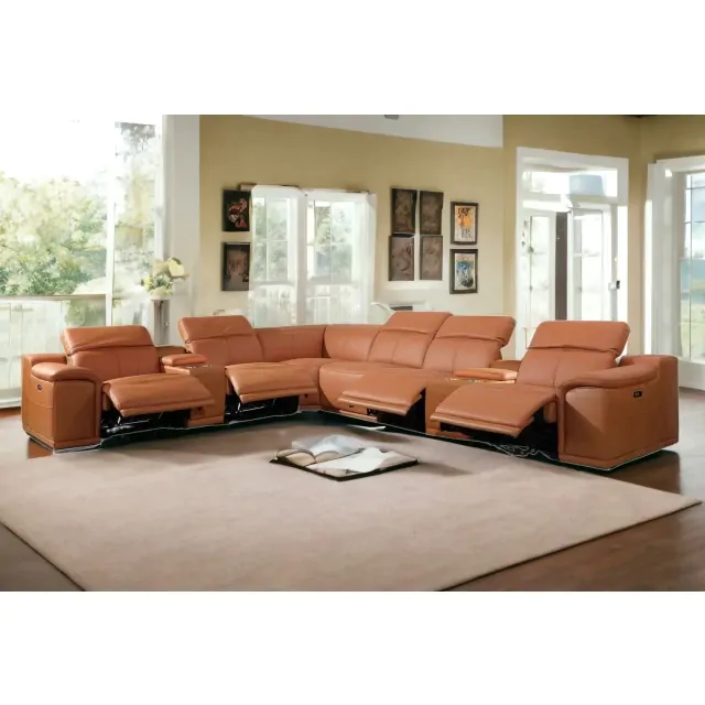Camel Italian Leather Power Reclining U Shaped Eight Piece Corner Sectional With Console Camel Italian Leather Power Reclining U Shaped Eight Piece Corner Sectional With Console