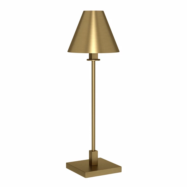 candlestick table lamp with brass cone shade and wooden base