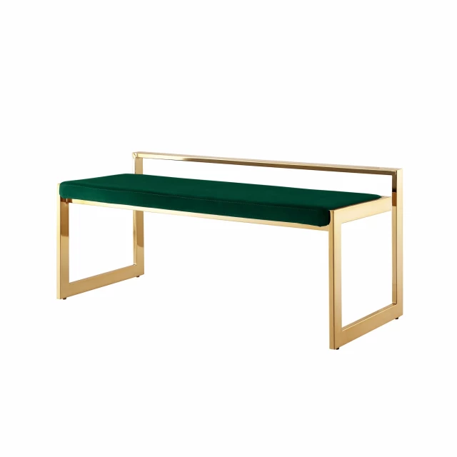 Green gold upholstered velvet bench with wood stain finish and hardwood details