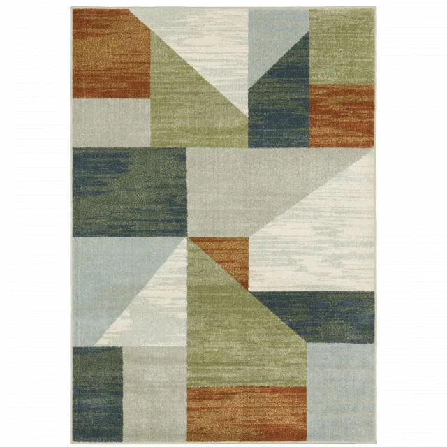 power loom stain resistant area rug in brown beige and grey rectangular textile with aqua and triangle patterns