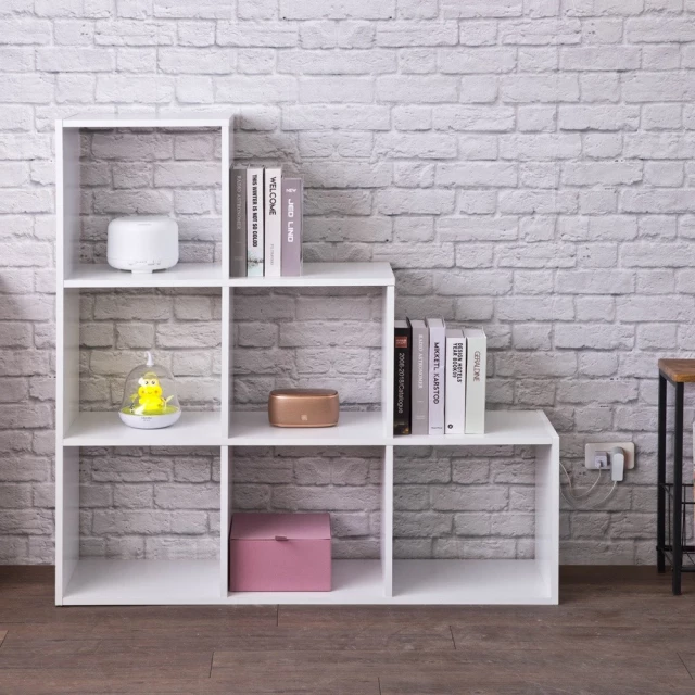 White finish six cubby stepped bookcase in interior design with shelving and wood elements