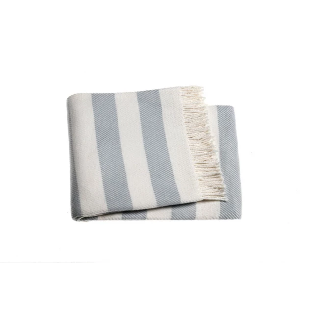 Blue slanted stripe fringed throw blanket displayed as a fashion accessory in linens category