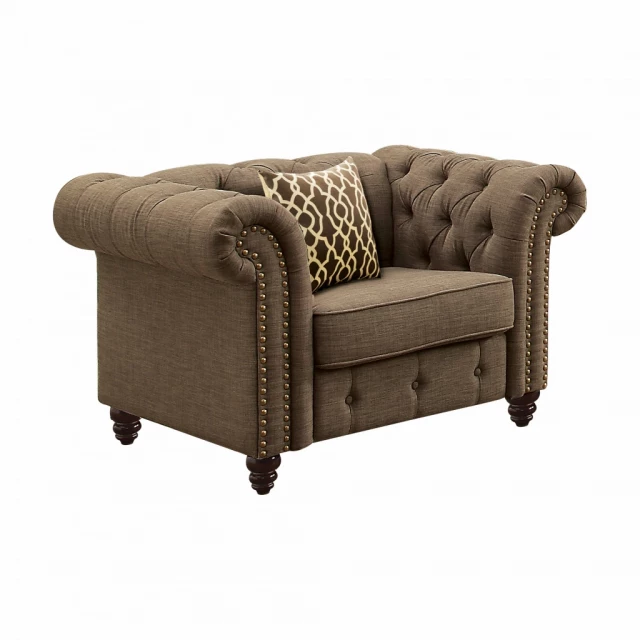 Brown linen black tufted chesterfield chair with armrests and wood accents in a studio setting