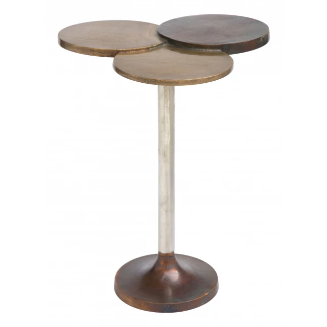 Silver bronze brass aluminum end table with wood plywood art and glass circle design