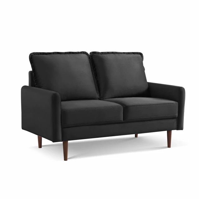 Black dark brown velvet loveseat with wood accents and comfortable studio couch design suitable for outdoor use