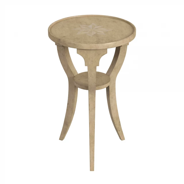 Round manufactured wood end table with shelf and hardwood finish suitable for outdoor use