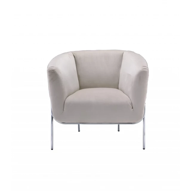 Beige velvet gold solid barrel chair with wood armrests and comfortable rectangle cushion design