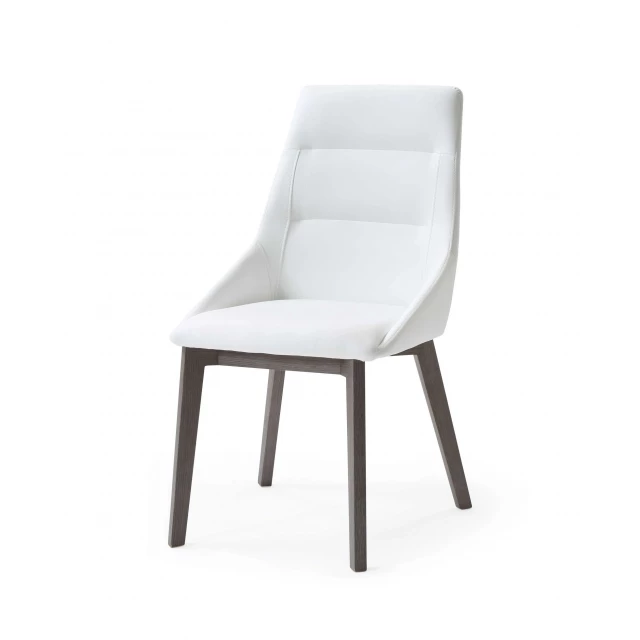 White faux leather dining chairs with wood and composite material