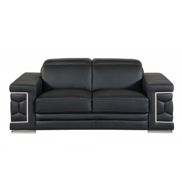 Black silver genuine leather love seat with comfortable armrests and modern design