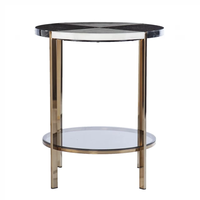 Wood iron round end table with shelves and wood stain finish