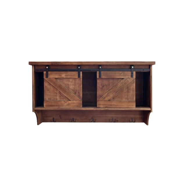 wooden shelf barn door storage hooks made of wood and plank with varnish finish