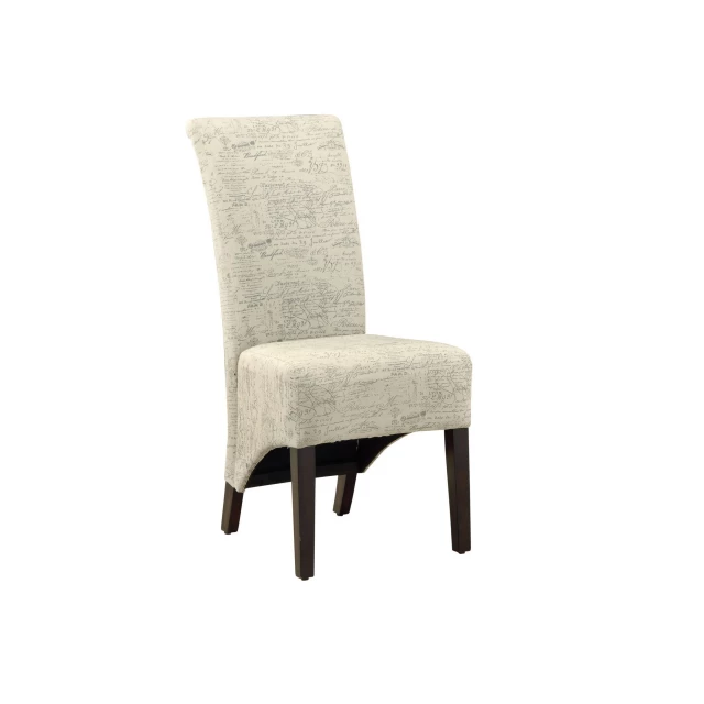 Beige upholstered solid back dining chairs with wood armrests and hardwood details