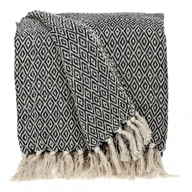 Boho Black and Beige Woven Diamond Pattern Throw with Tassels Boho Black and Beige Woven Diamond Pattern Throw with Tassels