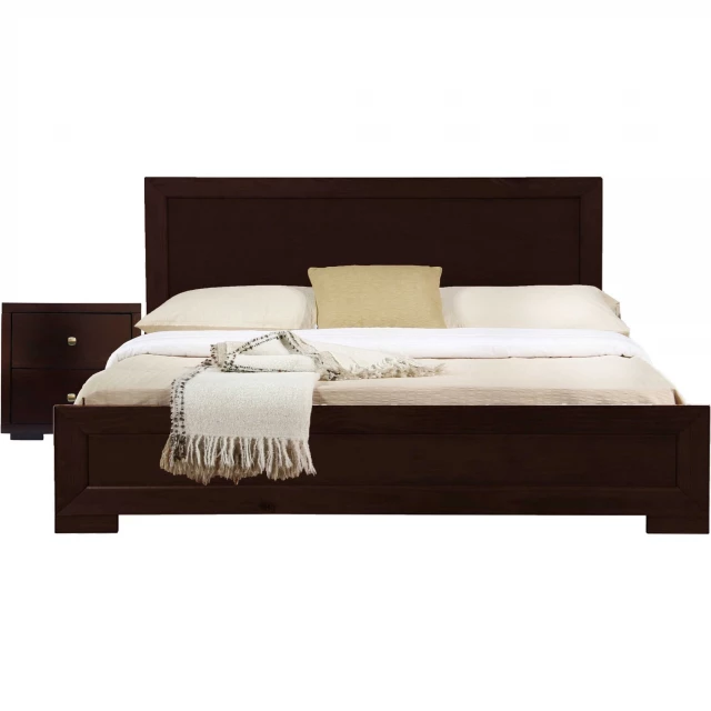 Espresso wood platform full bed with matching nightstand for modern bedroom decor