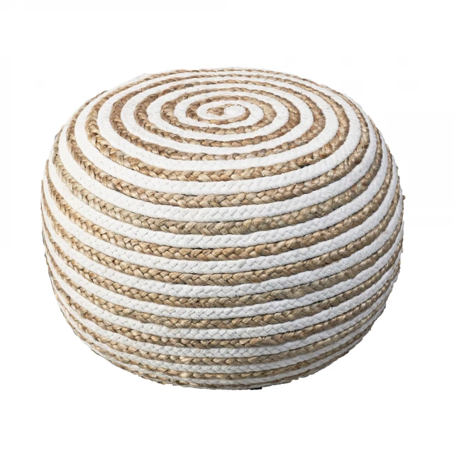 White jute ottoman with artistic wood patterns and drawing designs