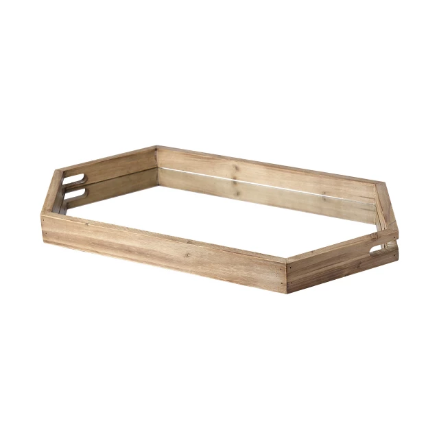 polished wood mirror glass lined tray with hardwood and metal elements