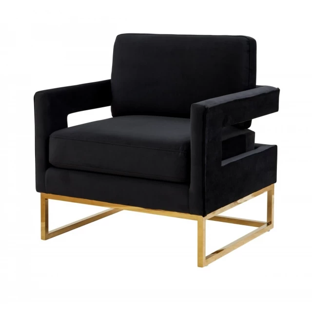 Stylish black velvet gold steel chair with comfortable armrests and wood accents for modern home decor