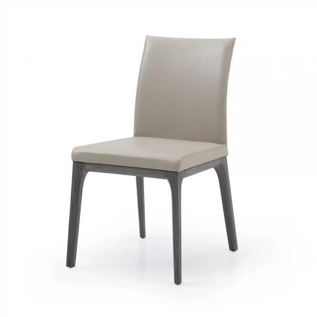 taupe faux leather dining chairs with wood table in furniture setting