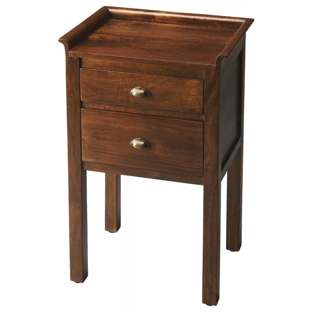 Brown solid wood end table with drawers and cabinetry design