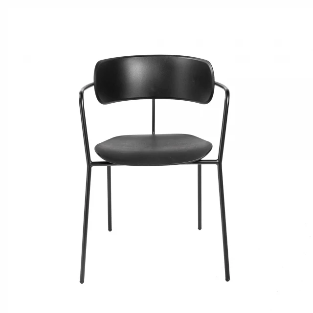 Plastic slat back dining arm chair with wood and composite materials offering comfort and style