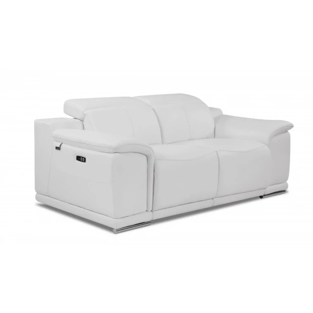 Silver Italian leather power reclining loveseat with comfortable cushioning and modern design