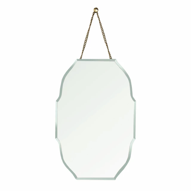 Rounded octagon beveled hanging mirror with electric blue pattern and metal accents