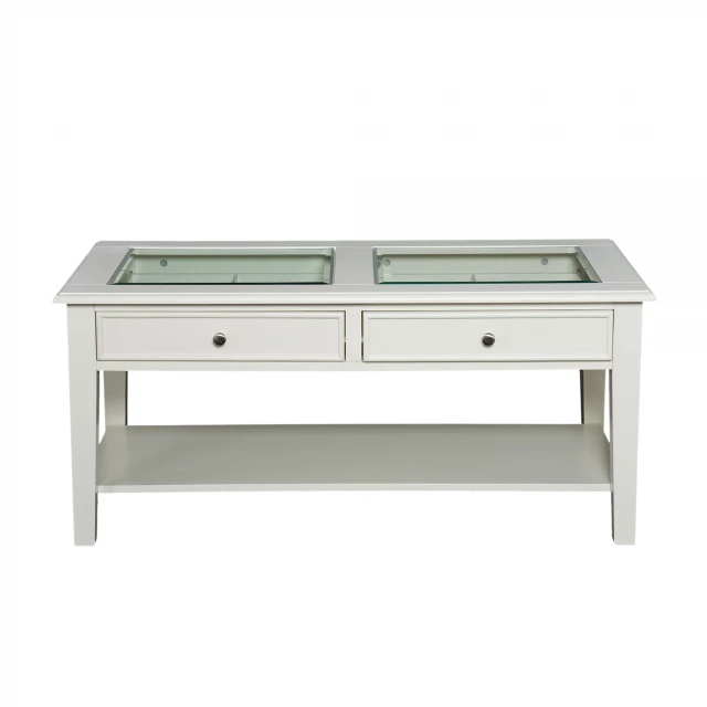 White glass metal rectangular coffee table in a modern furniture design
