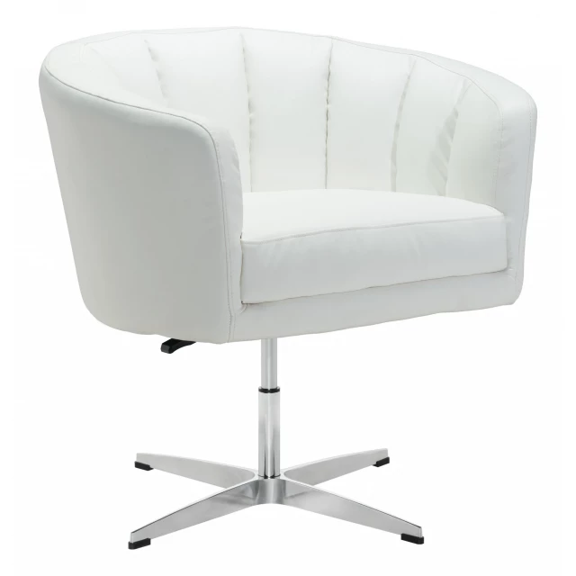 Leather silver tufted swivel arm chair with metal base and comfortable armrests