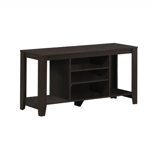 Brown particleboard open shelving TV stand in furniture setting