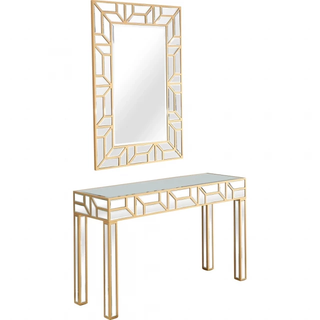 gold geometric mirror console table with wooden accents