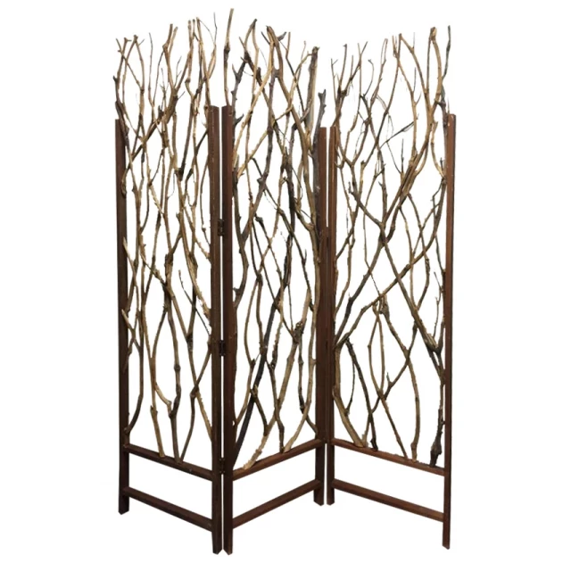 Brown wood tree screen with symmetrical design and artistic metal twig accents