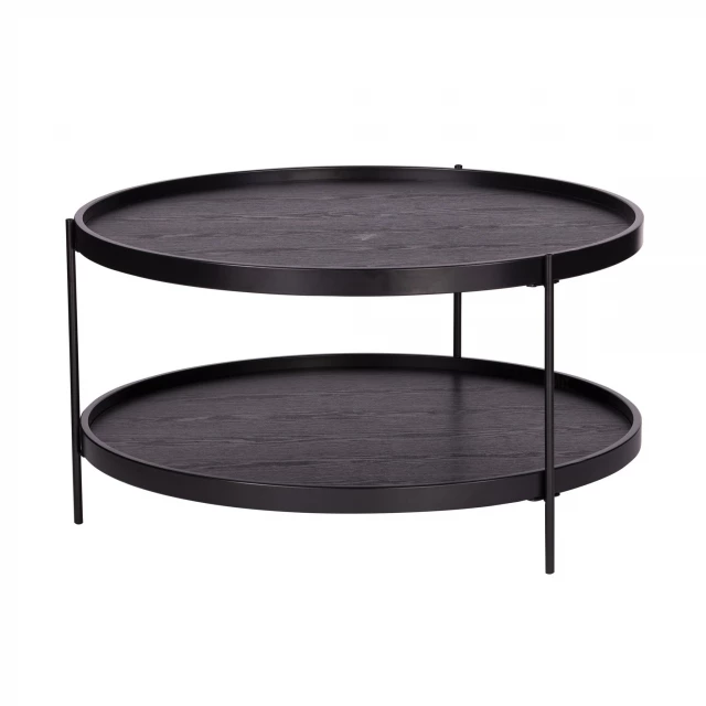 Round coffee table with manufactured wood and metal design elements