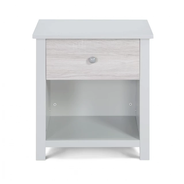 Gray drawer nightstand with shelf and cabinetry design suitable for bedroom furniture